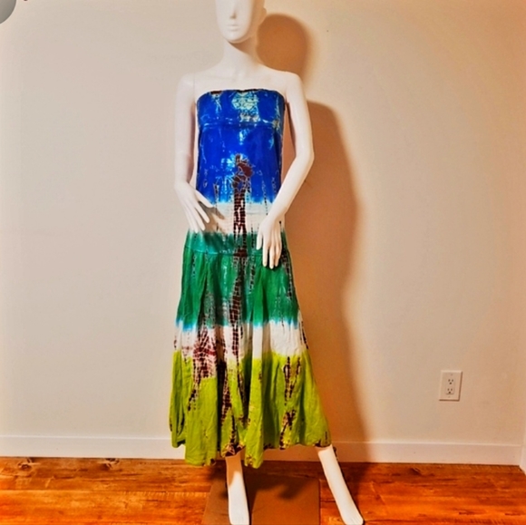 SOLATAIRE Teal Blue Brn Wht Tie Dye Dress- Vintage-NWT-L - Picture 4 of 8